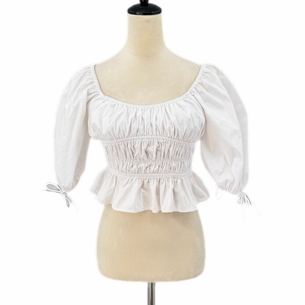 Staud Faye Gathered Puff-Sleeve Cotton White Crop Smocked Pleated Blouse Top